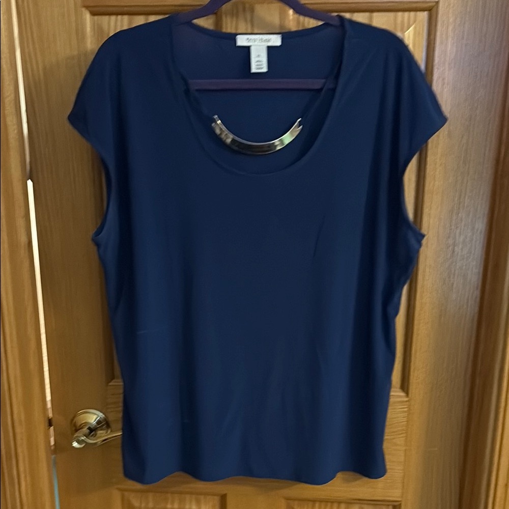 White House Black Market Royal Blue Shell Blouse with Attached Silver Necklace